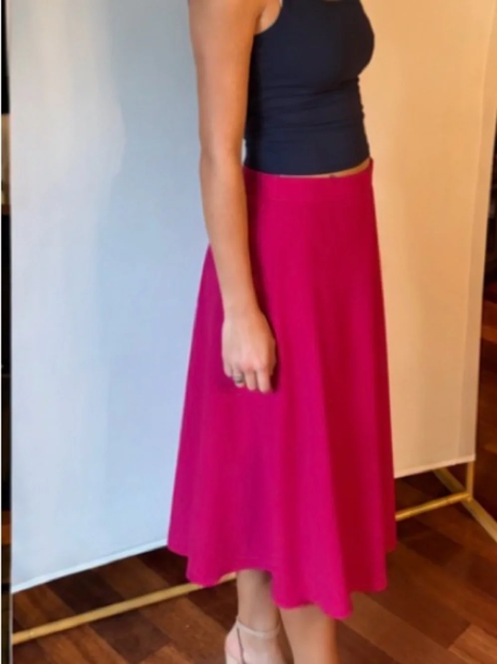 Lightweight, Bright Fuchsia Midi Skirt - Flared A-Line